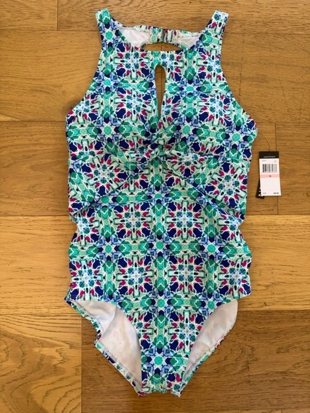 Jantzen Teal, Blue & Pink Mosaic women’s One-Piece Swim 10 NWT